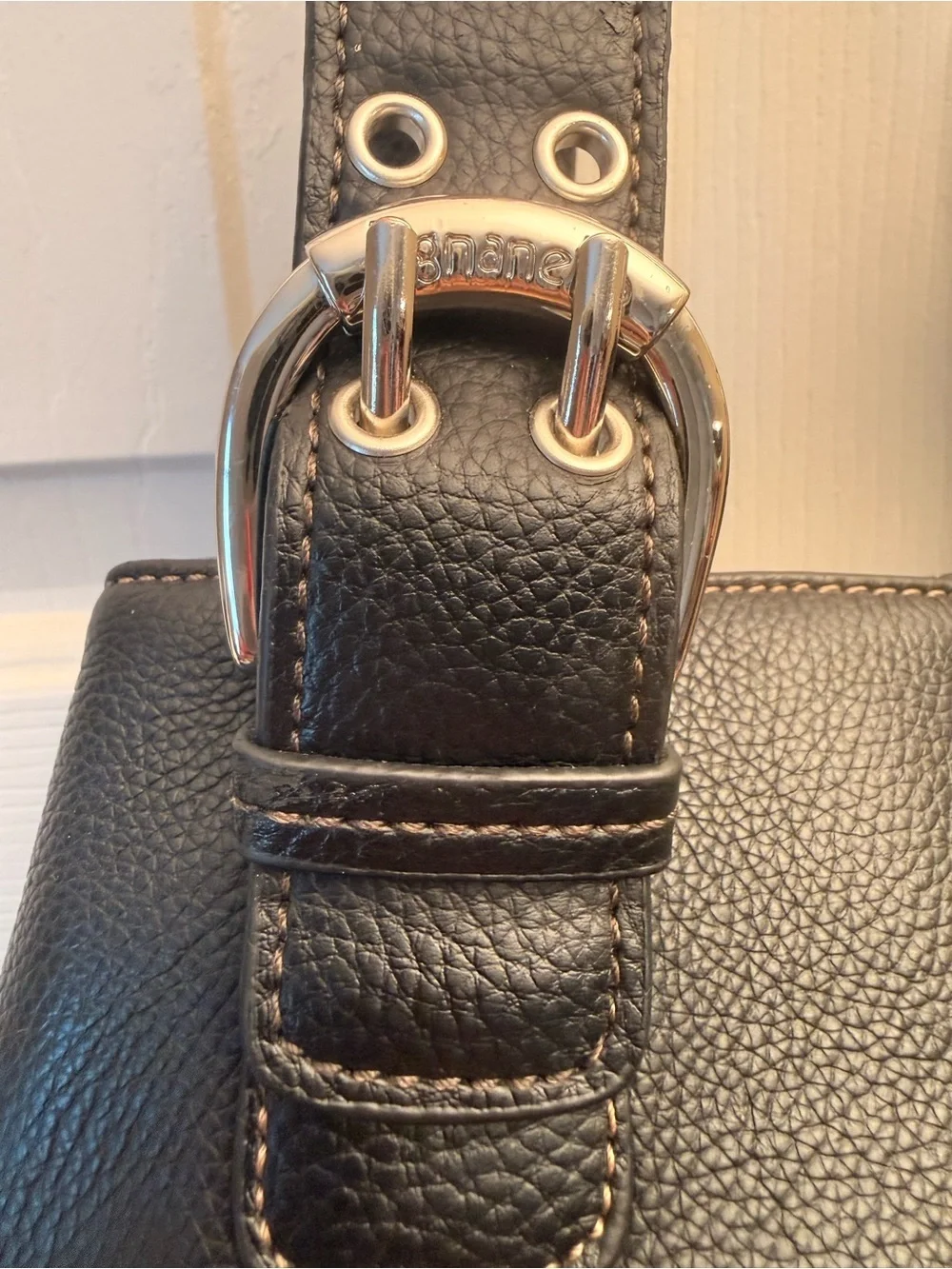 Tignanello Black Pebbled Leather Shoulder Bag with Buckle Straps